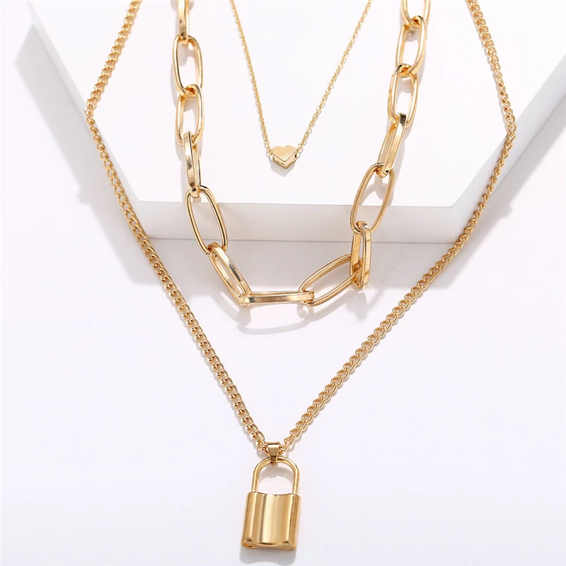 

Ingemark Multi Layer Lover Lock Pendant Choker Necklace Steampunk Padlock Heart Chain Necklace Collier Best Couple Jewelry Gift