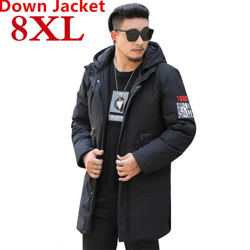 Мужская Длинная зимняя куртка на утином пуху с капюшоном размеры до 8XL|Мужские