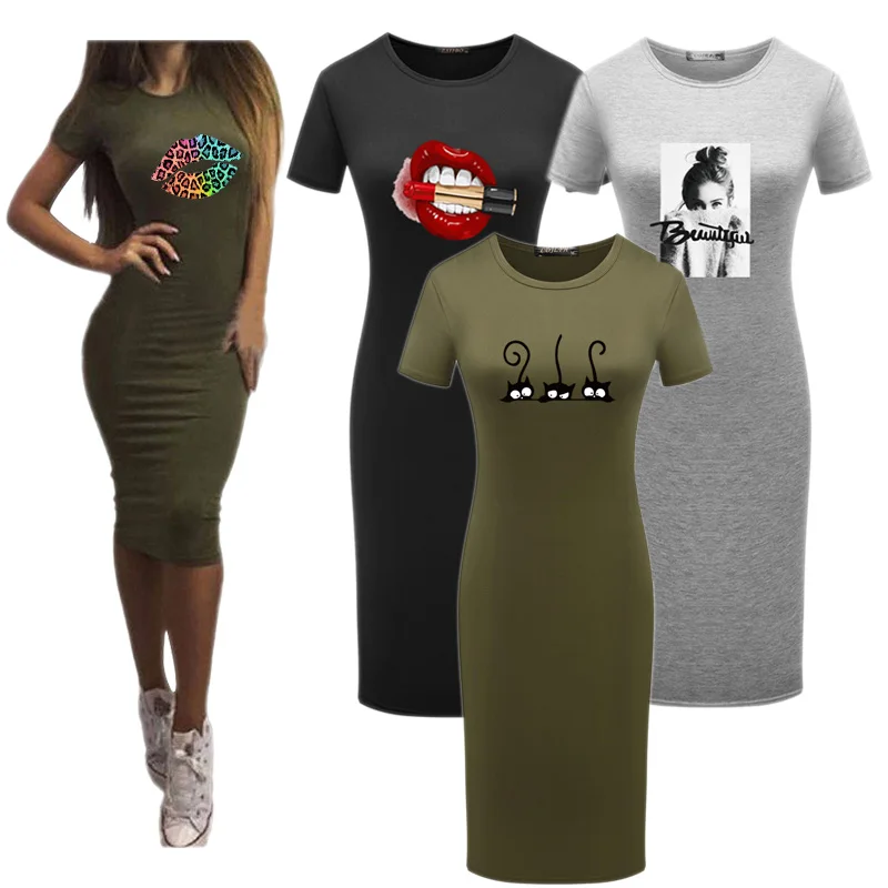 Женское платье летняя одежда 2020 облегающее с коротким рукавом туника круглым