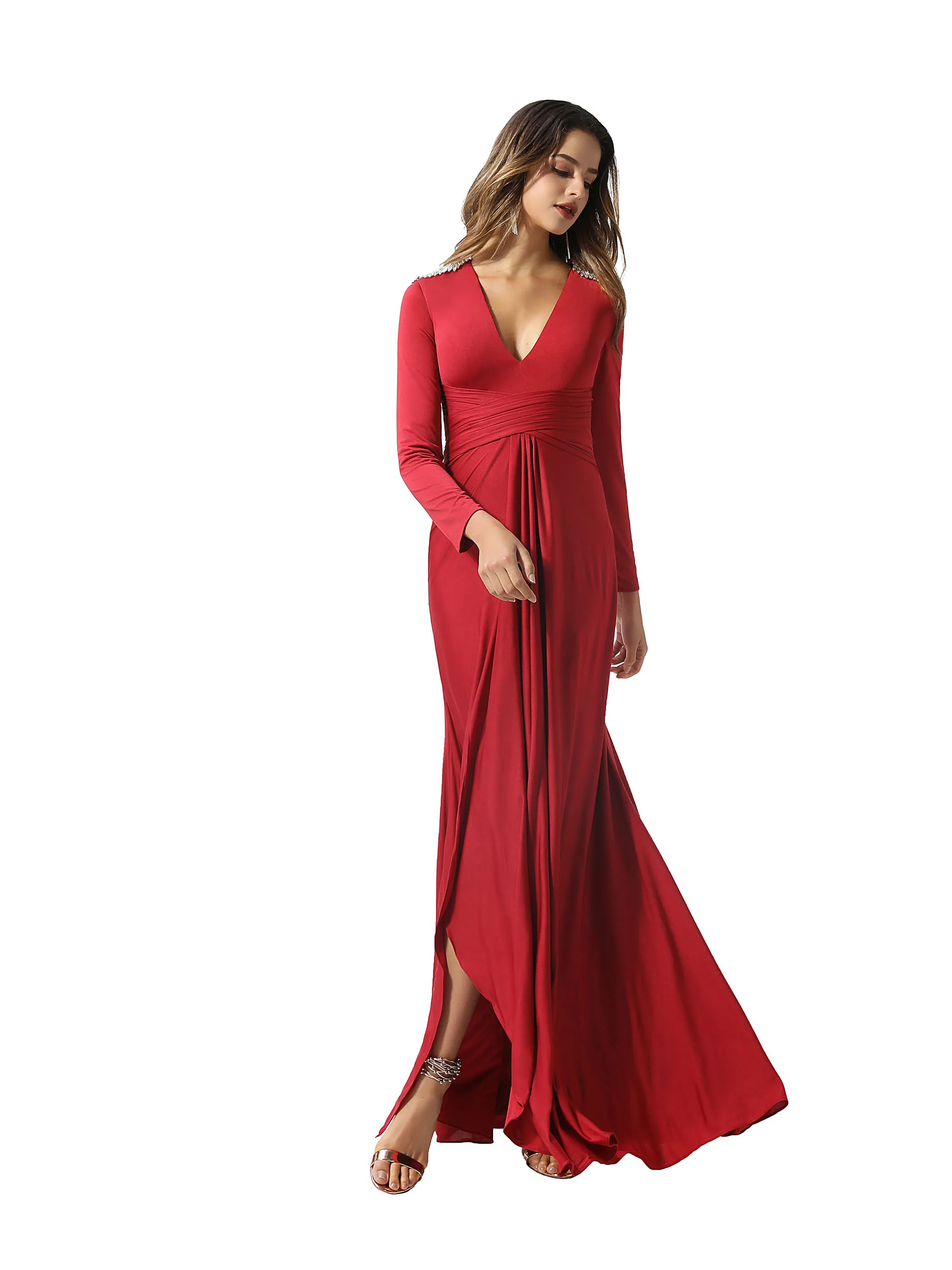 

Tanpell Burgundy V-Neck Long Evening Dress Spandex Beading Split-Front Long Sleeves Women Formal Custom Evening Dress 2020