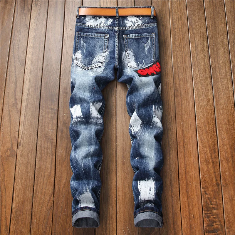 

New Straight Leg Jeans Men Fashion Embroidery Patches Letter Slim Fit Zipper Jeans Street Hip Hop Pants Denim Biker Trouser