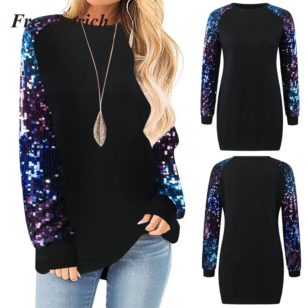 Free Ostrich Fashion Women Harajuku Sweatshirt Autumn Winter Sequins Long Sleeve Black Female Pullover Loose Dresses | Женская одежда