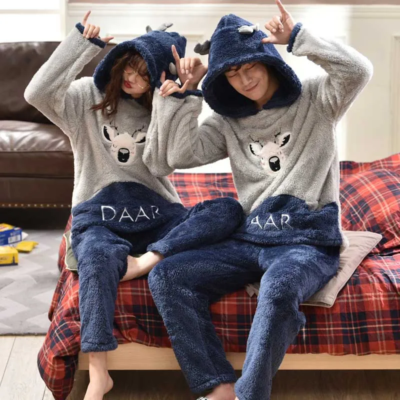 deer Парные пижамы; милые пижамы с рисунками животных; пижамы унисекс для взрослых; одежда для сна с капюшоном и длинными рукавами; домашняя одежда на Рождество; Пижама - Цвет: deer