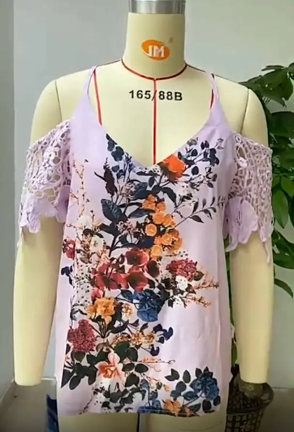 

New Summer Chiffon Tops Tees Women Blouses Plus Sizes Crotchet Boho Floral Hole Strap Lady Sexy Lace Casual Embellished Shirts