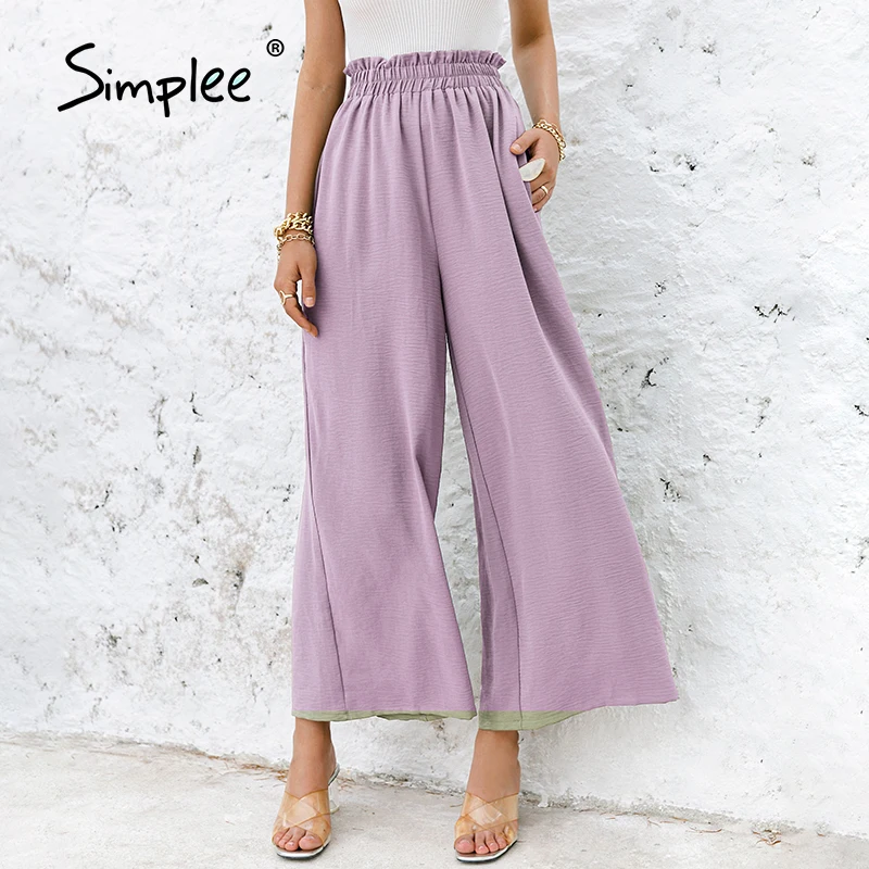 Simplee Solid color high waist wide leg pants women Loose casual summer trousers Classic ruffled soft long female bottoms | Женская