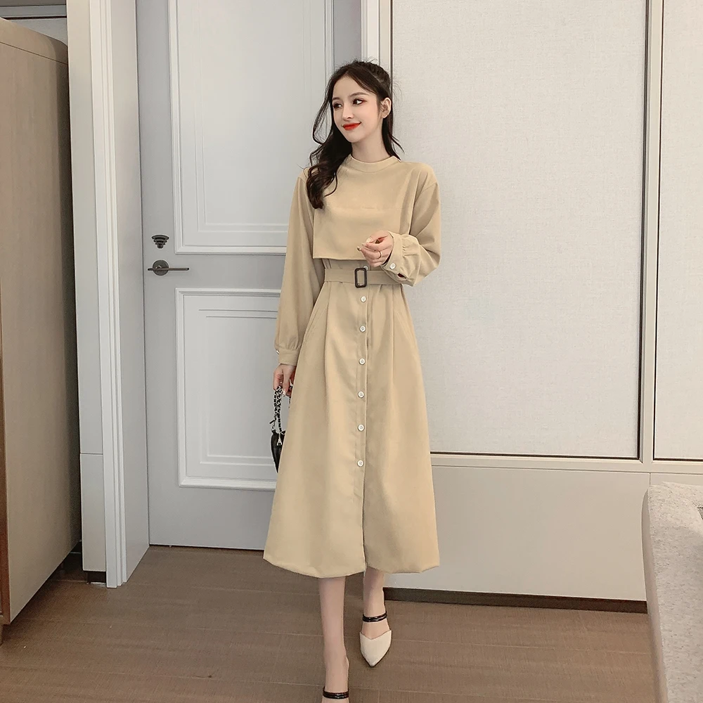 2019 Autumn Winter Dress Women Casual New Cotton Long Sleeve O-Neck Solid | Женская одежда