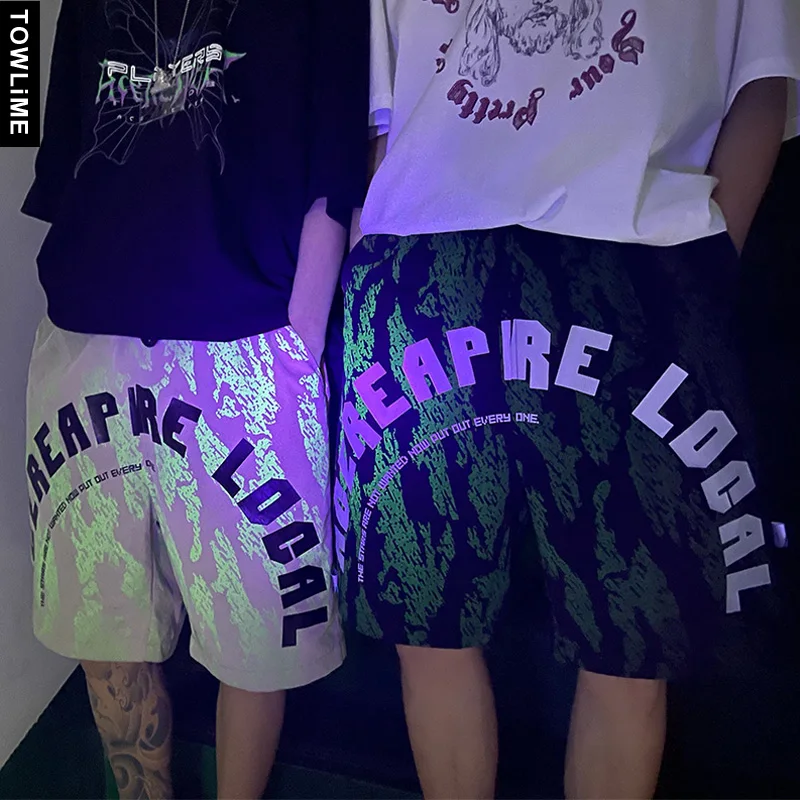 

Summer New Luminous Letter Print Shorts For Men Harajuku Japanese Streetwear Mens Sweatpants Hip Hop Causal Joggers Trousers