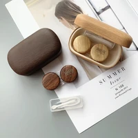 retro japanese wood grain contact lens case with mirror pu colored contact lens cosmetic contact box gift travel case