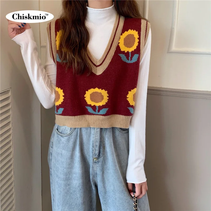 

Cute Knitted Vest Kpop Flower Pattern Sleeveless Sweater Women Clothes Spring Autumn V-Neck Sweaters Vest Kawaii Loose Knittwear
