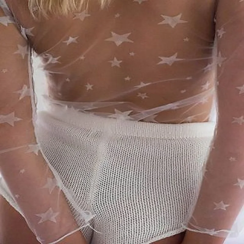 

Star Print T-Shirts Women Mesh Net T-Shirt Long Sleeve Tee Tops Transparent Slim White Tops