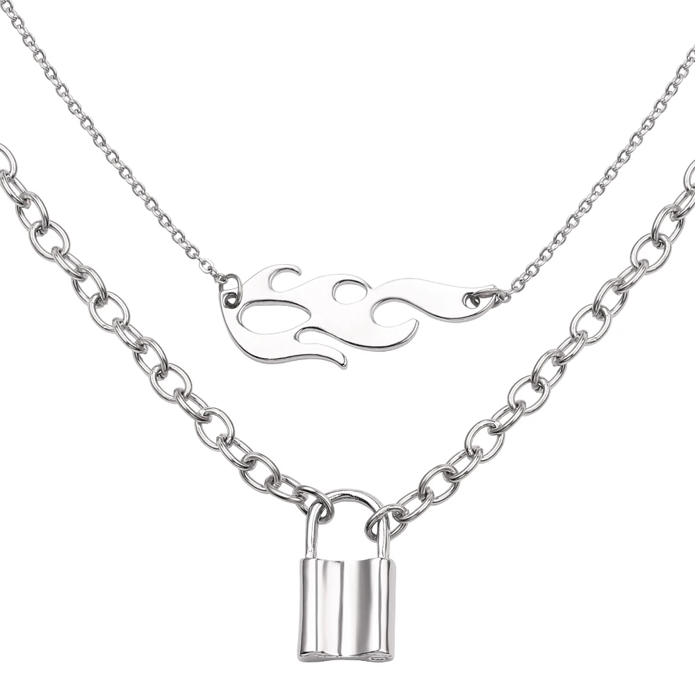 lock flame necklace Ювелирные изделия в стиле HARAJUKU ожерелье Пламя уличная одежда аксессуары колье ожерелье s Concatena рок цепь для мужчин и Прямая поставка - Окраска металла: lock flame necklace