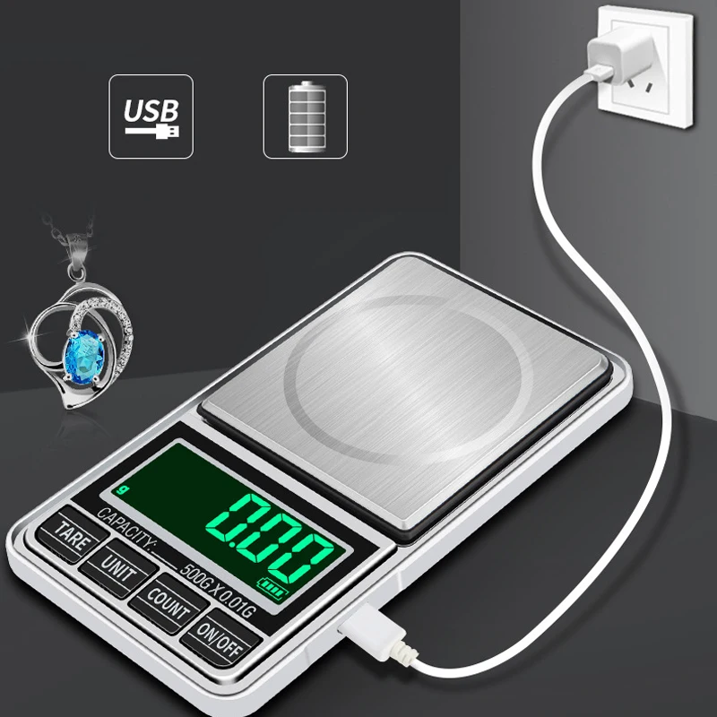 

Mini Jewelry Scale USB Charging Pocket Digital Scales 100g/200g/300g/500g 0.01g Precision Electronic Balance LCD Weight Scale