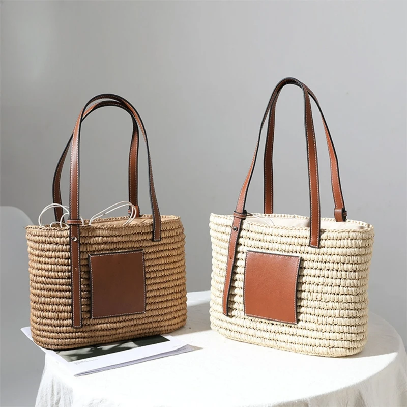 

50LD Women Woven Straw Handbag Faux Leather Handle Shoulder Tote Bag Basket Purse