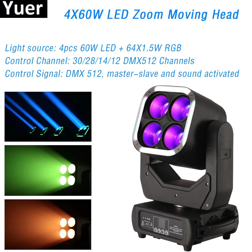Светодиодный светильник с движущейся головкой 4x60 Вт RGB 3 в 1 увеличение луча