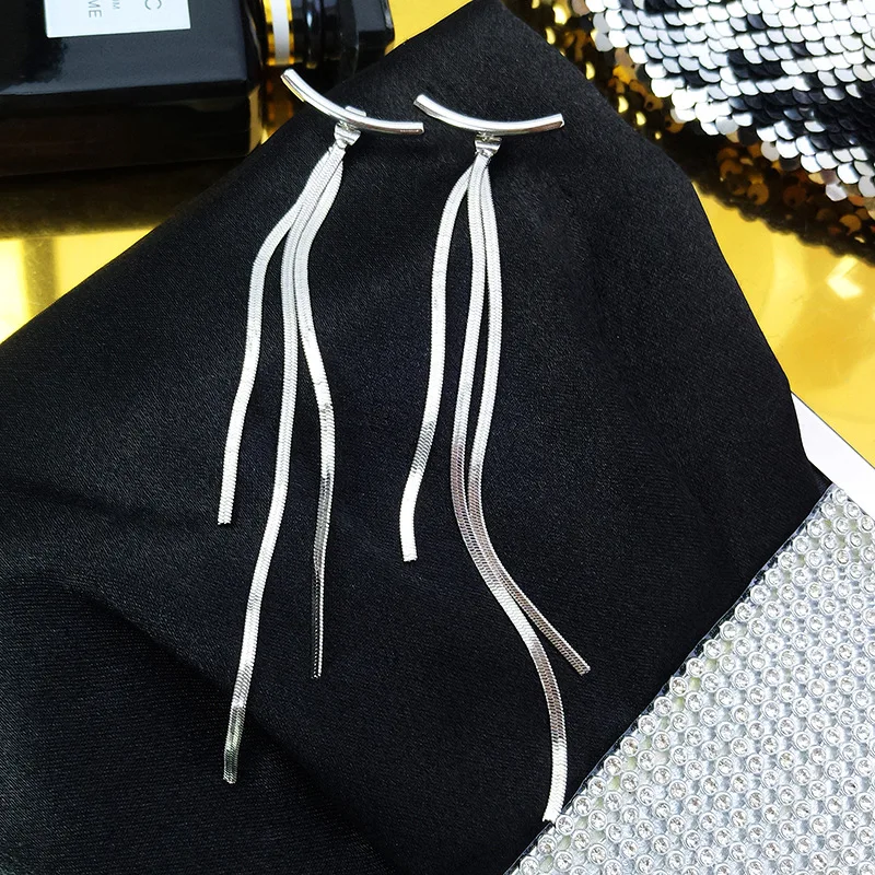 

Simple Bar Long Thread Tassel Earrings Glossy Arc Geometric Earrings for Women Gold Silver Color Chain Korean Statement Earrings