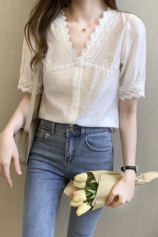 

Houthion Chiffon Slim Women's Blouses Fashion Short Sleeve Top New Casual Blusas Lace Stitching Buttons V-neck Shirt Summer