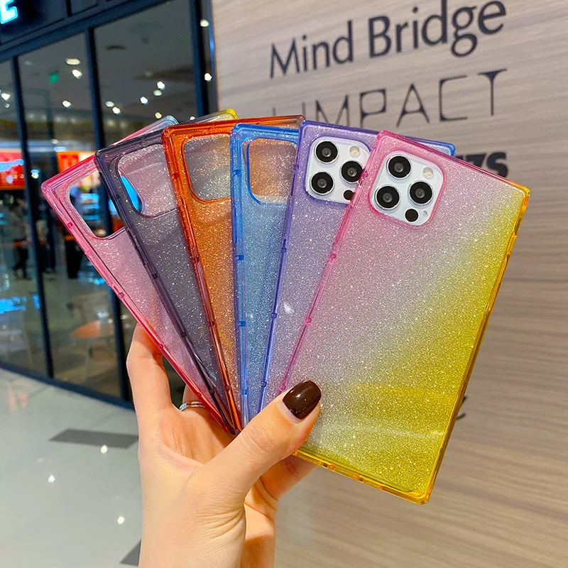 

Square Fluorescent Glitter Gradient Phone Case For iPhone 12 11 Pro XS MAX XR X SE 7 8 Plus Soft Cover