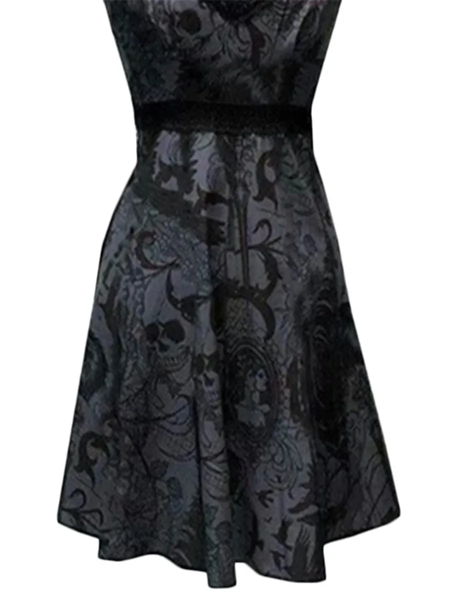 

Women Summer Party Dress Skull Print Gothic Sleeveless Female Sexy V Neck Black A Line Retro Mini Dresses Clearance Nice