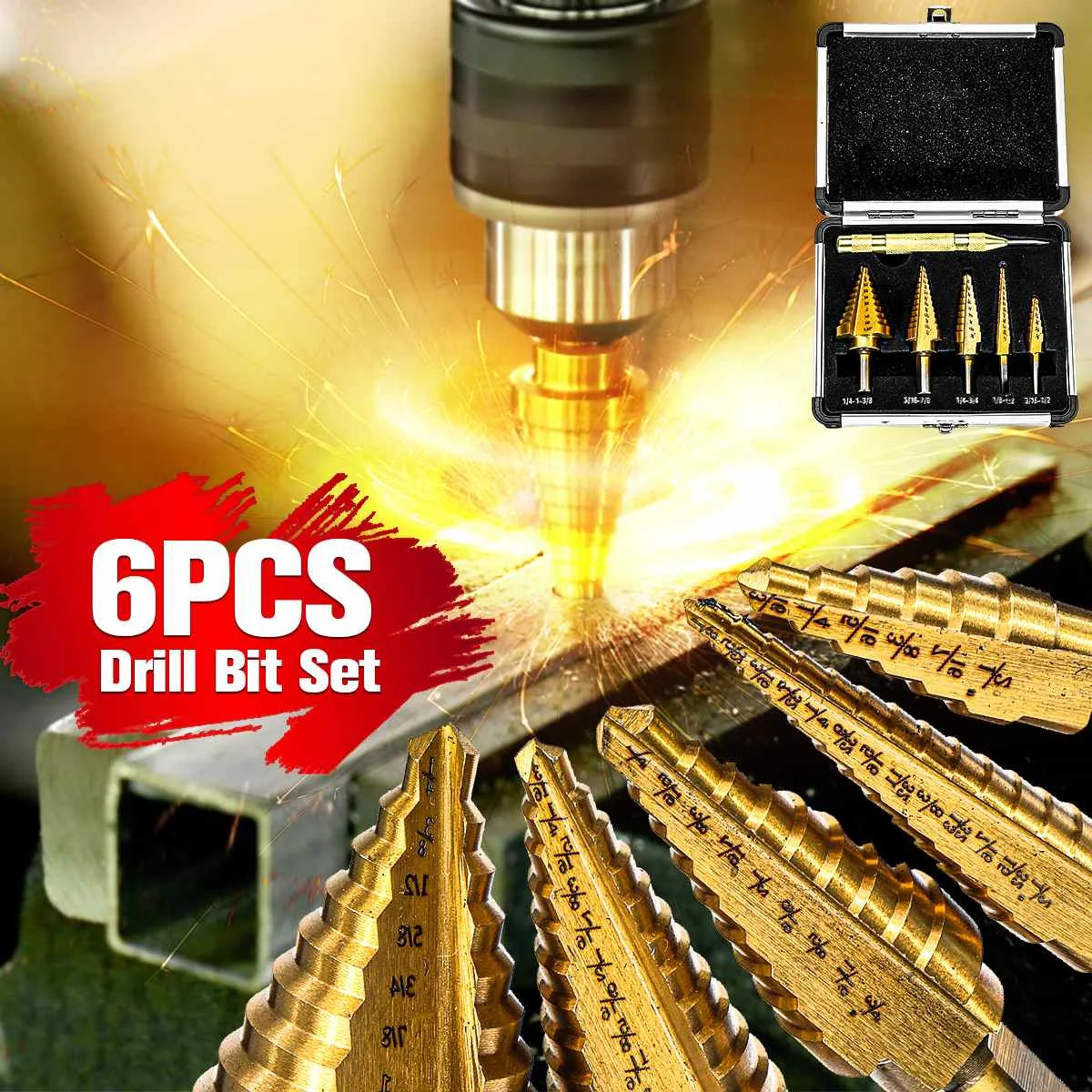 

6pcs HSS Titanium HSS Cobalt Step Drill Bit Set High Speed Steel Titanium Cone Center Punch Hole Cutter for Accurate Locator