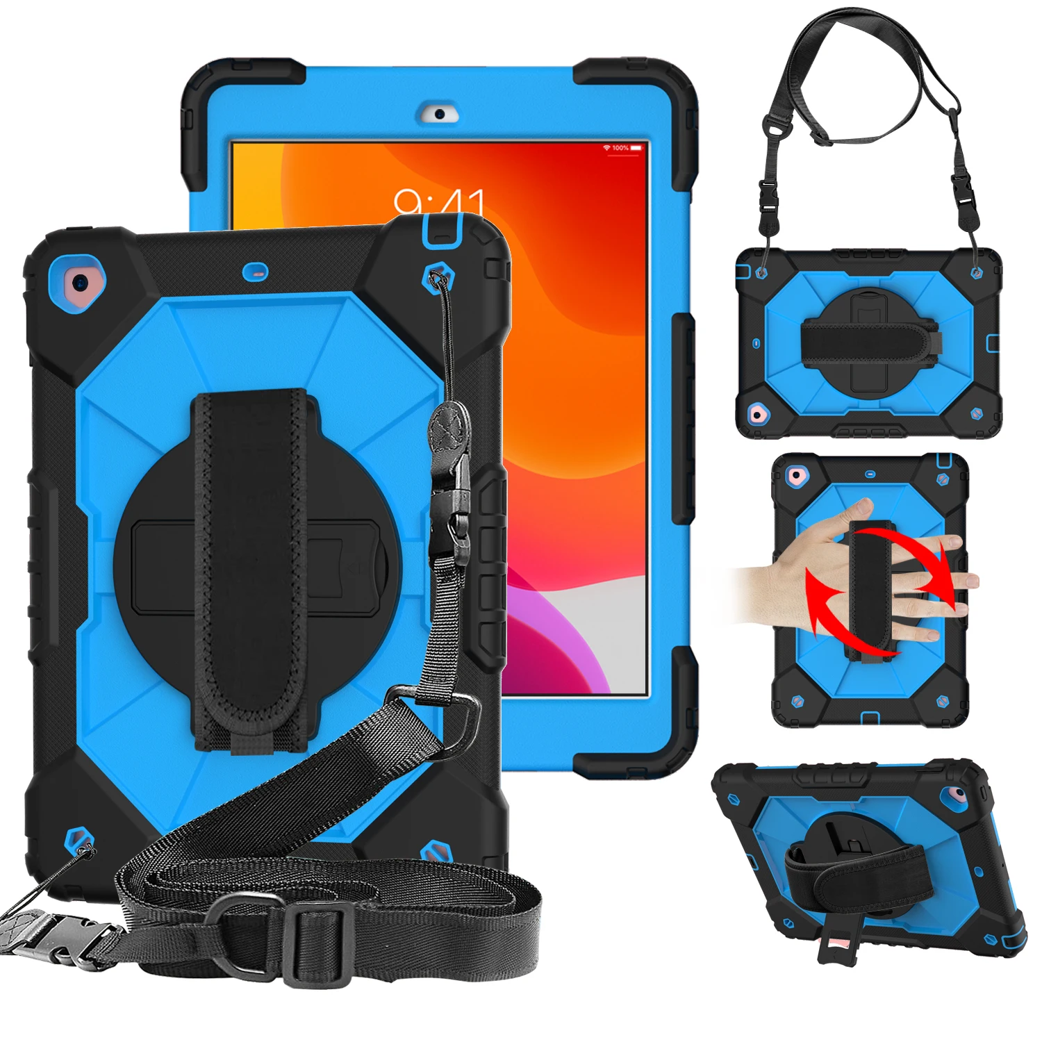 

For iPad 8th Generation Case Hybrid 3- Layer Armor Shockproof Rugged Drop Protection Cover Built with Kickstand Shoulder Strap
