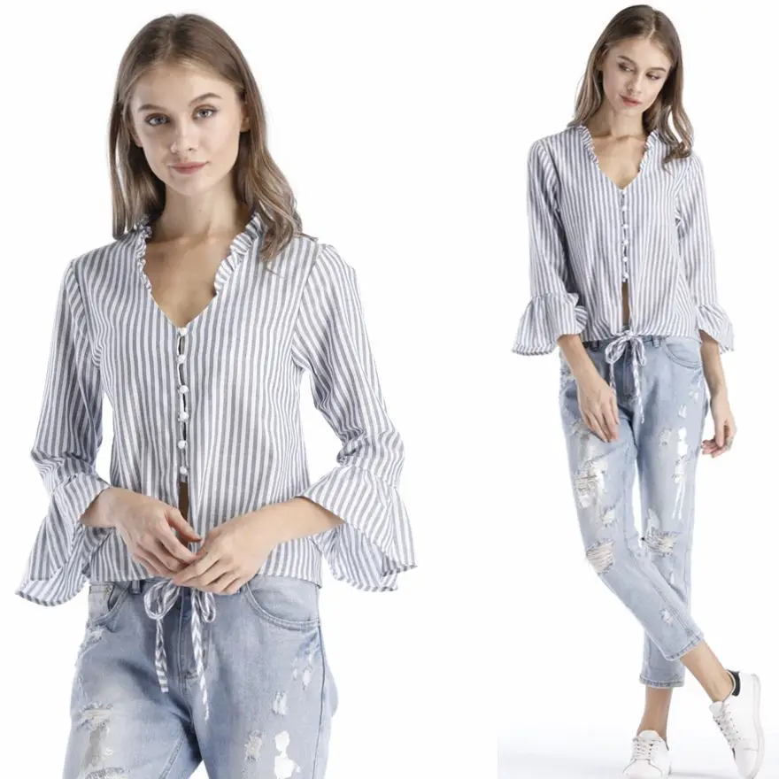 

New Style Striped Stand-Collar Shirt Short Long Sleeve Pearl Single-Breasted Spring and Summer Ladies Shirt Top