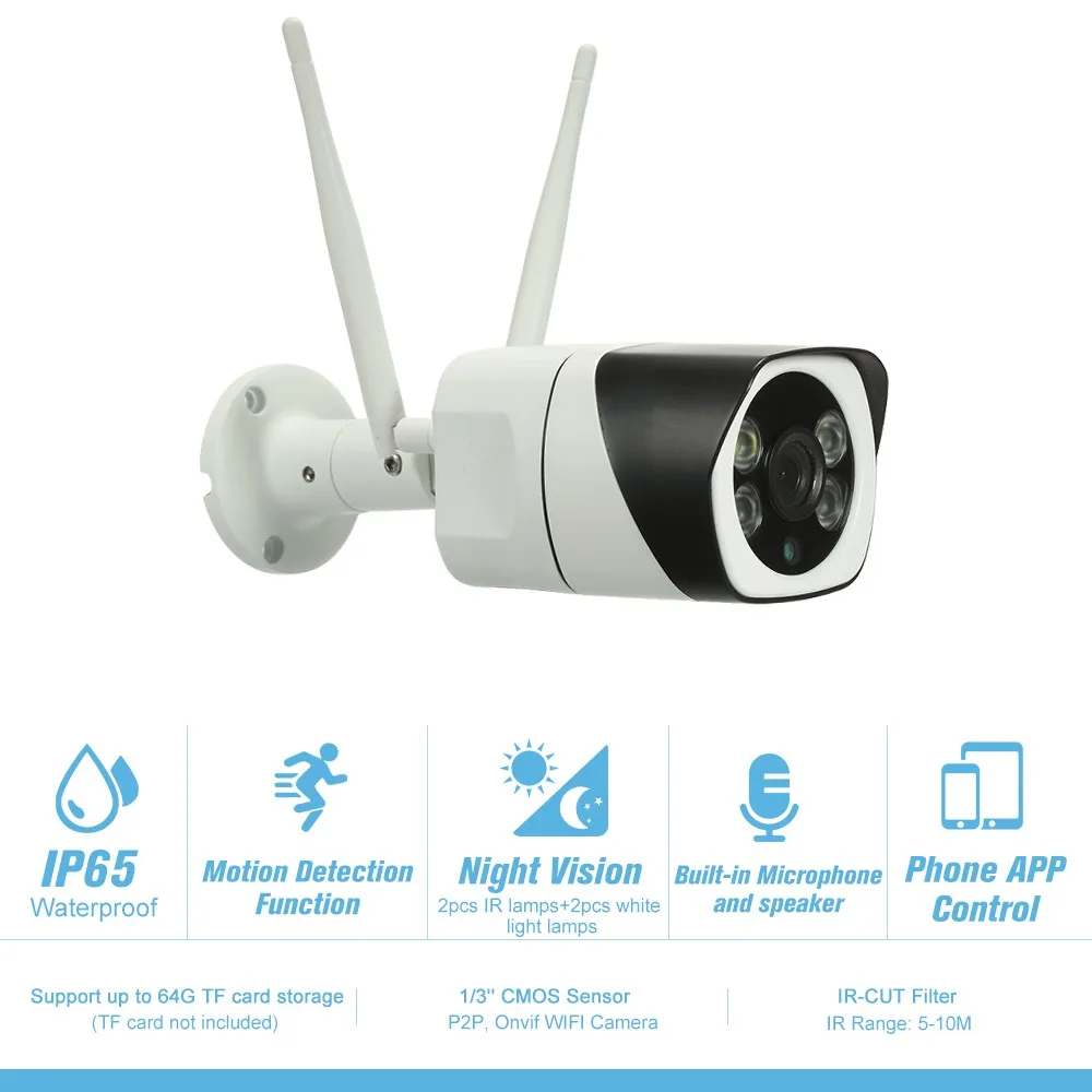 

1080P HD Bullet WIFI 2.0 Megapixels CMOS Sensor Camera Outdoor Weatherproof Wireless IP Camera Two Way Audio Monitoring