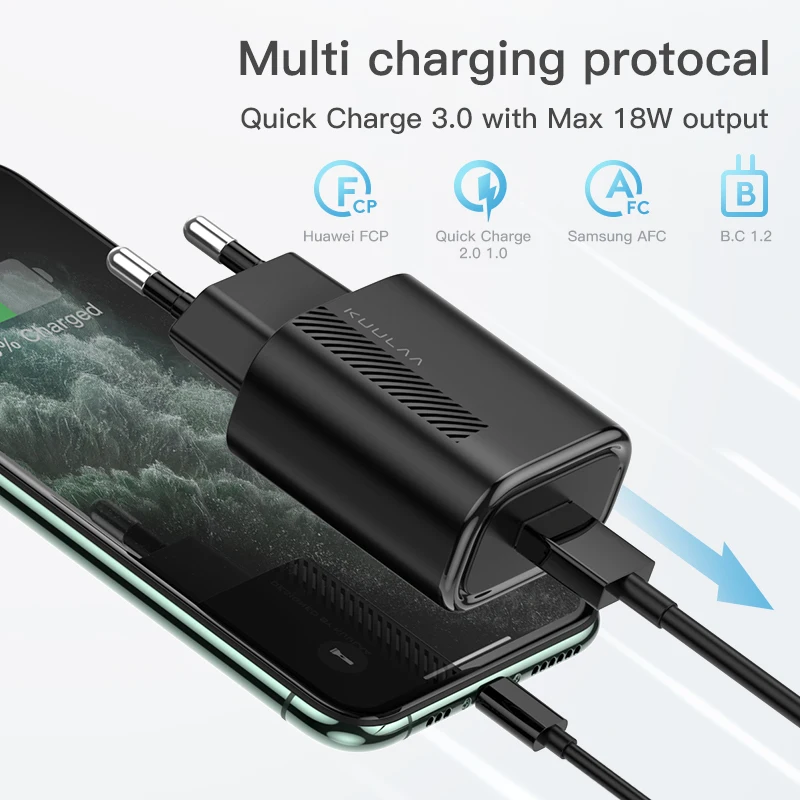 Kuulaa USB зарядное устройство с функцией быстрой зарядки 18 Вт QC3.0 для быстрого