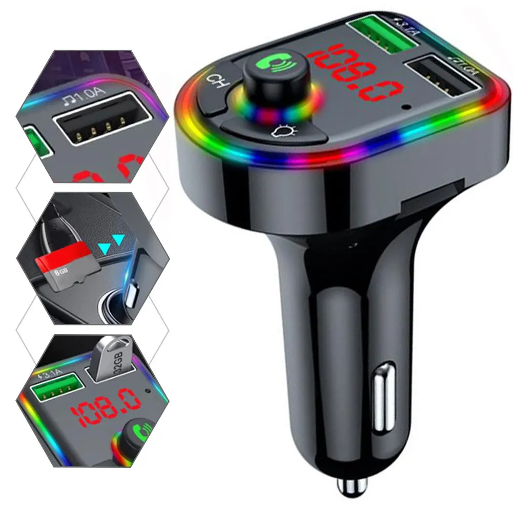 

2021 Ambient Light Bluetooth 5.0 FM Transmitter Car MP3 Player Wireless Handsfree Audio Receiver USB Fast Charge TF U Disk Play