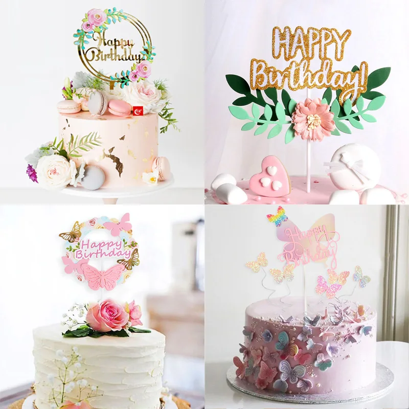Цветные розовые бумажные топы для тортов с бабочками днем рождения акриловые