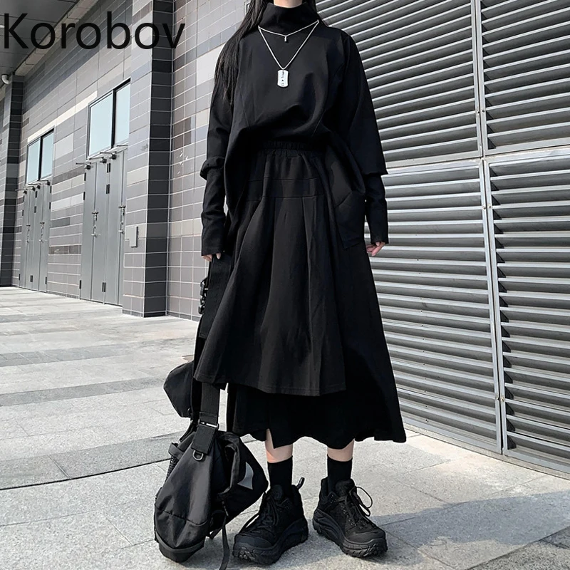 Korobov японский Темный стиль шикарные женские комплекты Harajuku водолазки с капюшоном