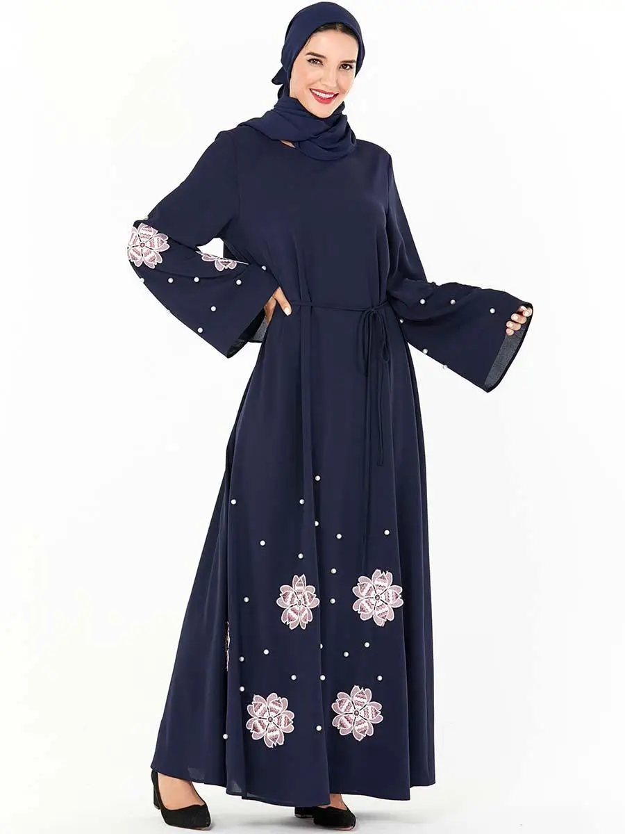 

Abaya Dubai Embroidery Maxi Dress Women Long Sleeve Kaftan Beads Arab Jilbab Gown Loose O-neck Turkish Robe 2019 Fashion Dresses