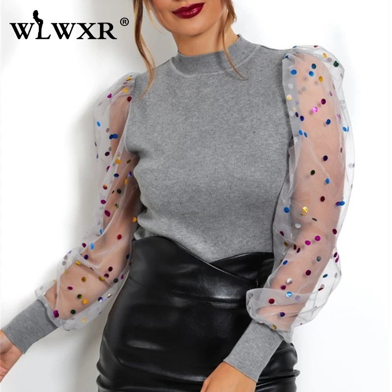 WLWXR черная Повседневная осенне зимняя сетчатая трикотажная Сексуальная Блузка в