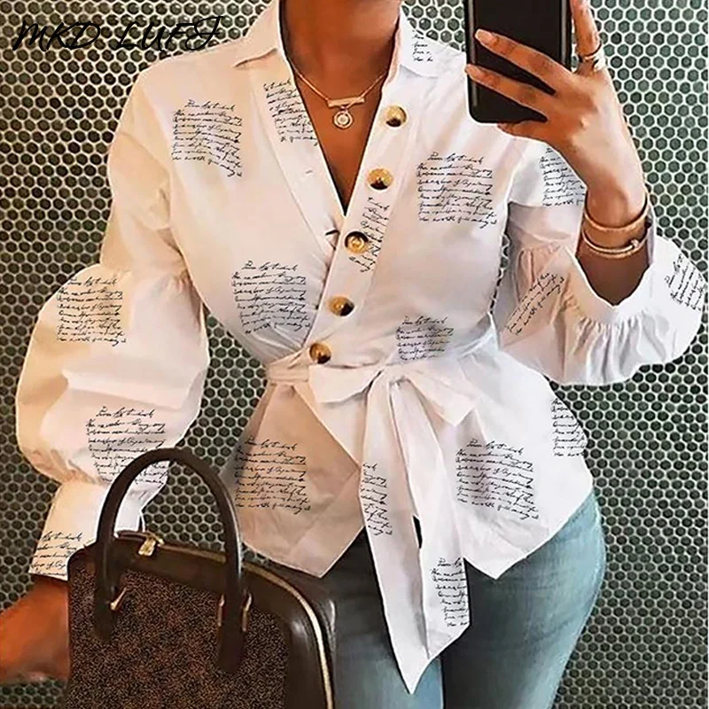 Женская блузка с буквенным принтом и рукавом фонариком на пуговицах|Блузки| |