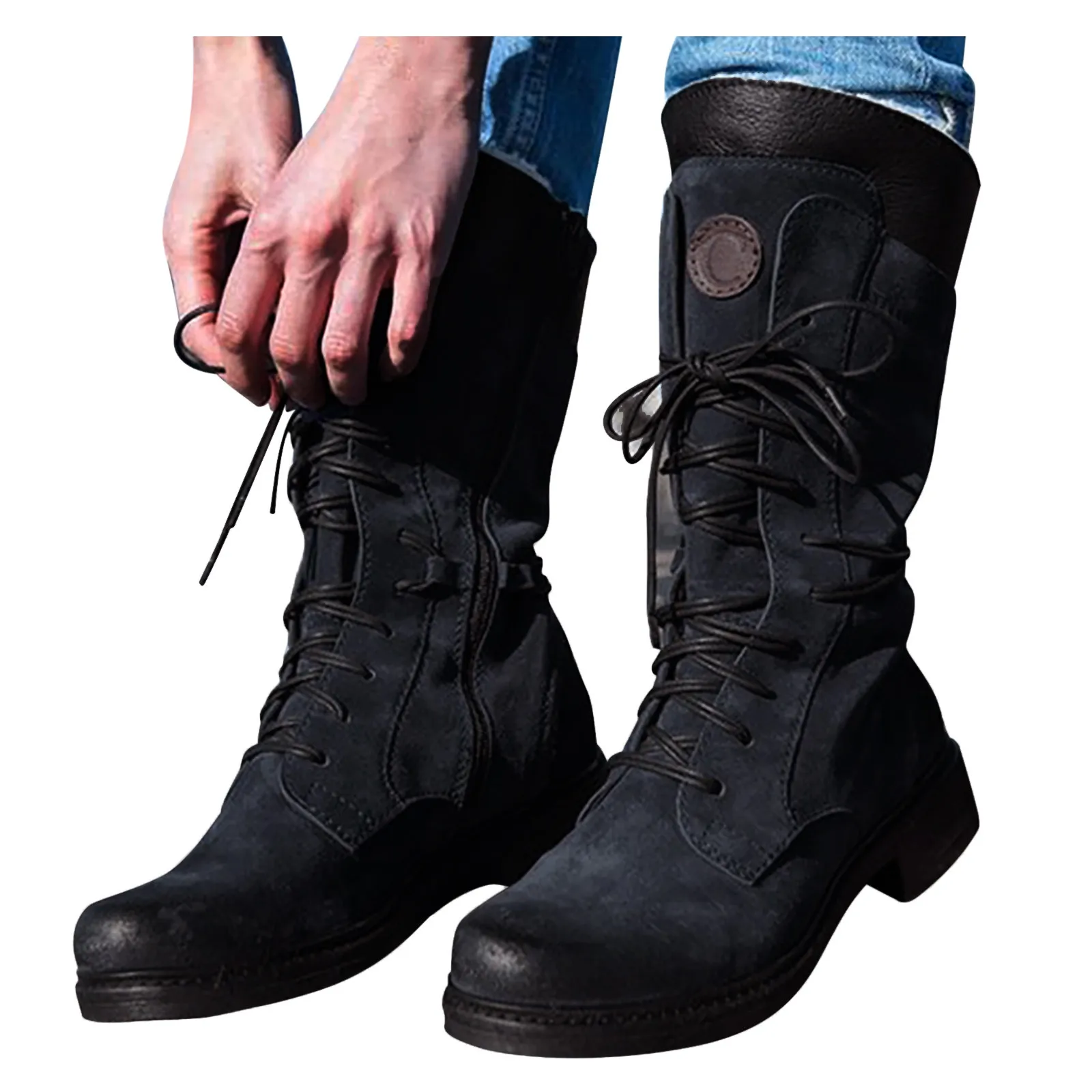 

Женские ботинки, модные осенне-зимние винтажные теплые ковбойские ботинки на шнуровке с круглым носком, дышащая обувь для женщин