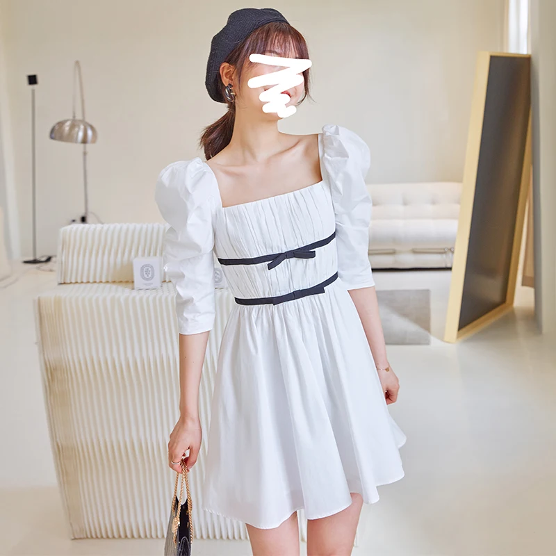 

YIGELILA Vintage Women White Short Dress Elegant Square Collar Dress Empire Slim Dress Knee-length 66337