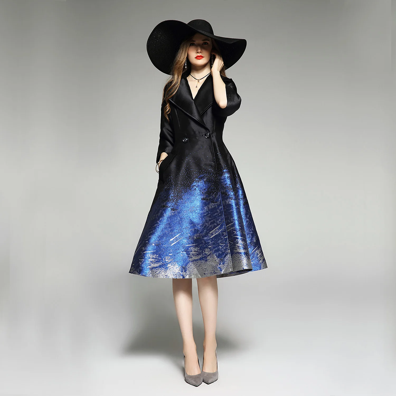 

Женское жаккардовое пальто трапециевидной формы, элегантная свободная ветровка во французском стиле с отложным воротником и рукавом до ло...