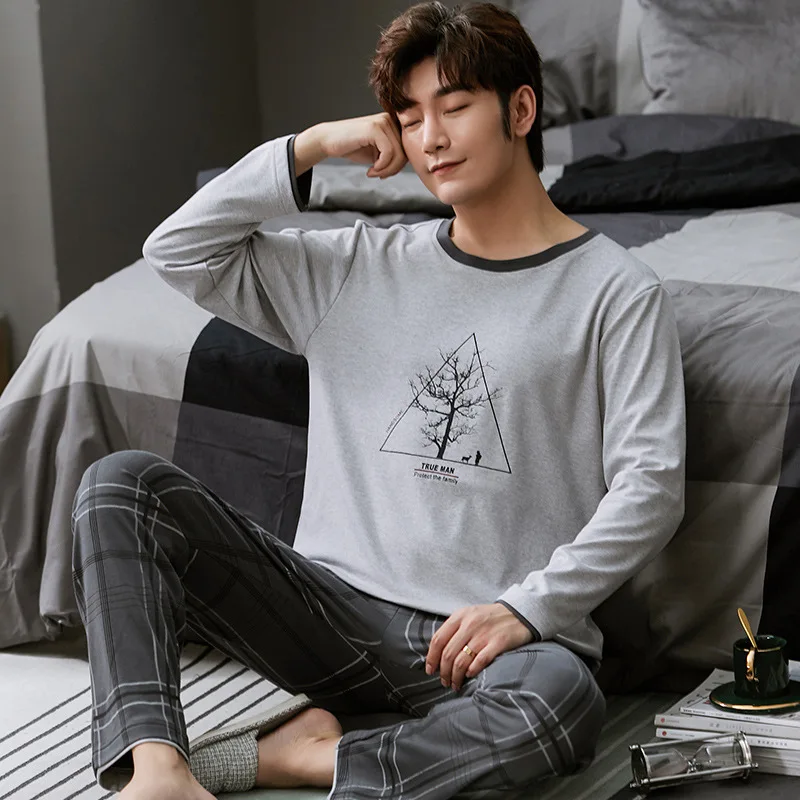 

Large Size Pajamas For Men Deep Gray Simple Letter Sleepwear Pijama Autumn Winter Men Pajamas Long Sleeve Cotton Male Pajama Set