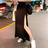 black skirt cotton high elastic waist split long staight skirts korean sexy summer skirt loose vintage harajuku casual 2021 z137