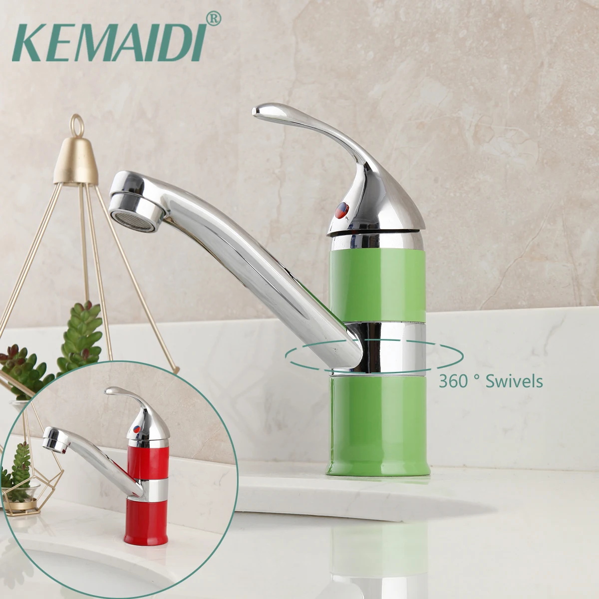 

KEMAIDI Bathroom Sink Faucet Chrome Polished Single Handle Faucets Red & Green Deck Mounted Hot & Cold Water Basin Taps