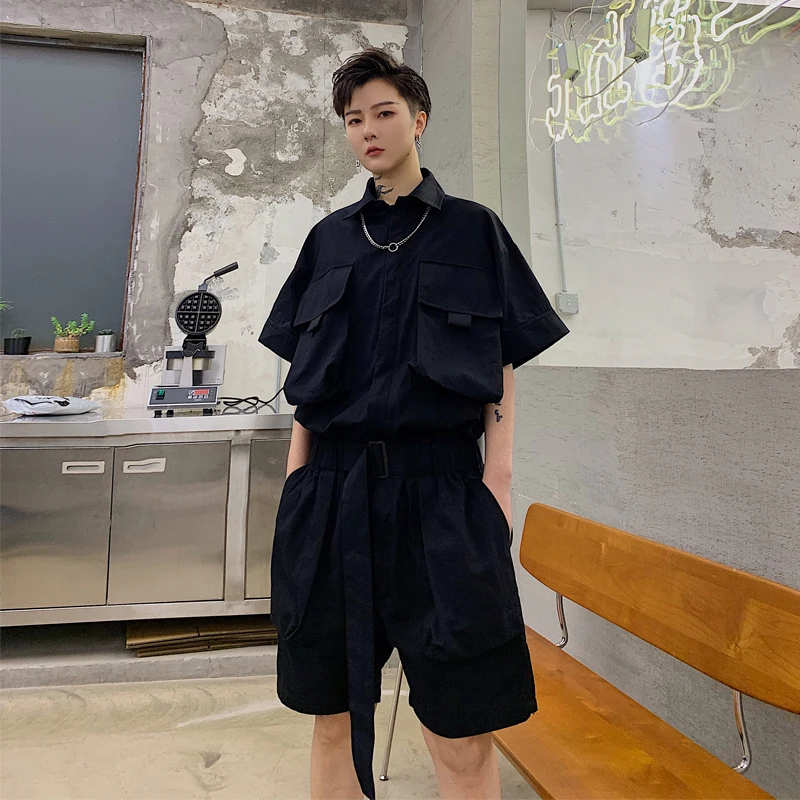 

M-XXL!Summer multi-pocket cargo short-sleeved jumpsuit shorts hipster men's day straight jumpsuit medium cropped pants.