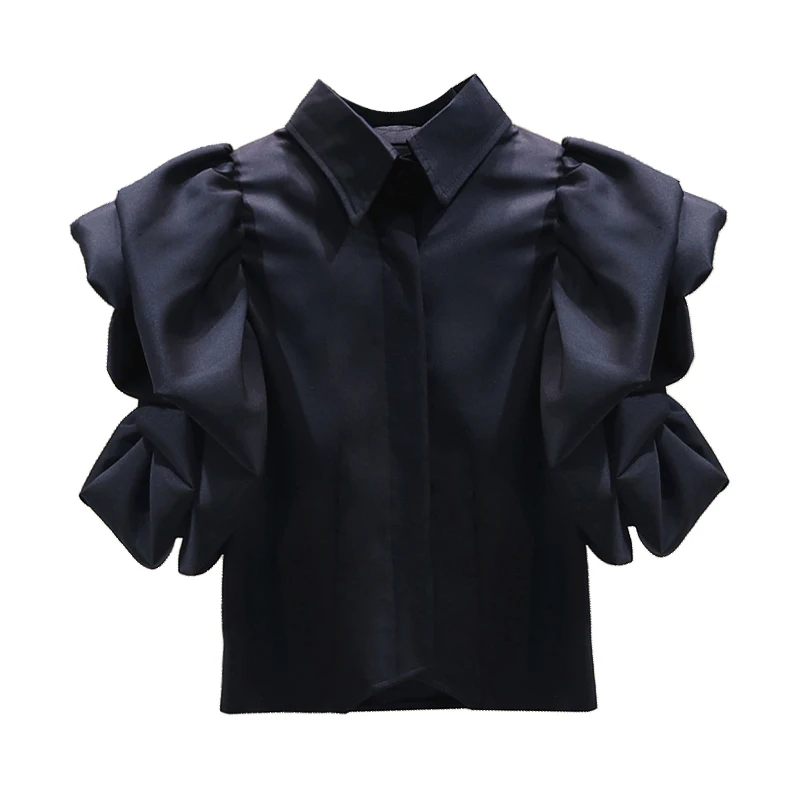 

2021 INS Trend Black POLO Shirt Office Lady Summer Tops Puff Sleeve Solid Color Stylish White Chiffon Short Blouse Women Blusas