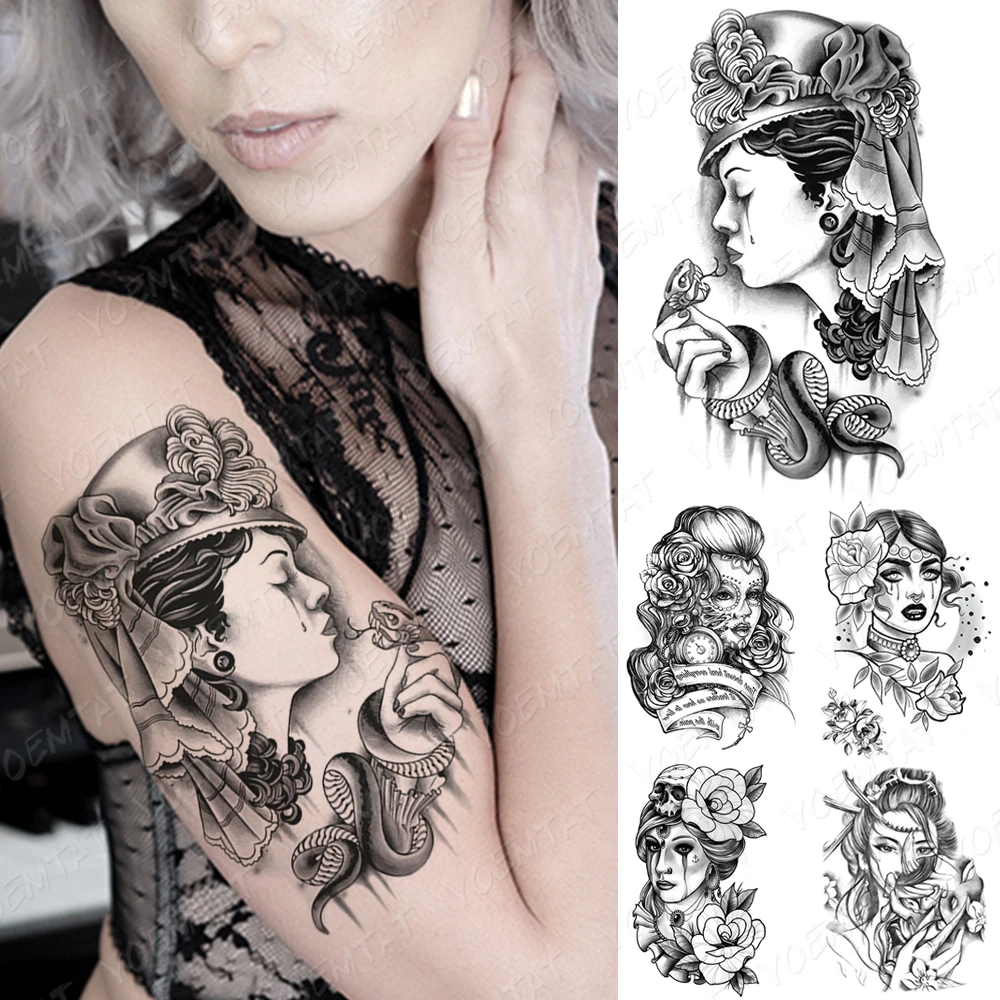

Waterproof Temporary Tattoo Sticker Beautiful Girl Sketch Portrait Flash Tattoos Geisha Body Art Arm Fake Tatoo Women Men