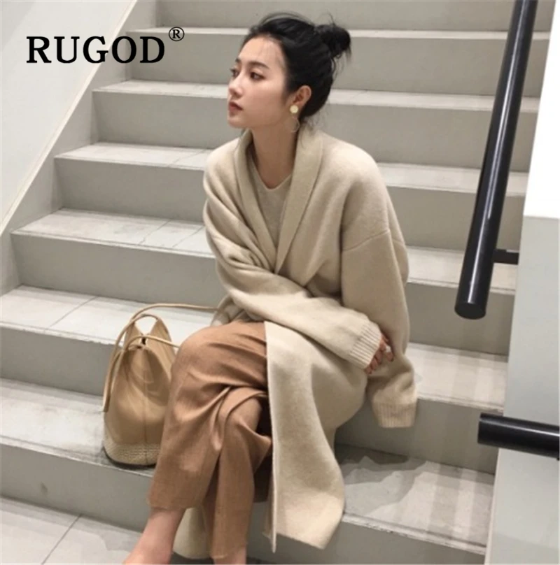 Женский вязаный кардиган RUGOD элегантный однотонный длинный осенне-зимний теплый