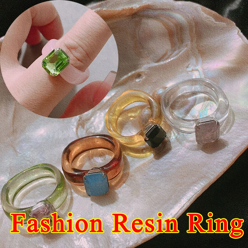 

New Vintage Fashion Resin Ring Cool Wind Crystal Pink Black Square Ring Colorful Transparent Acrylic Rings For Girl Jewelry Gift