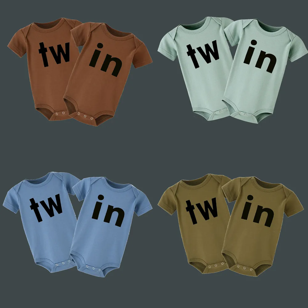 

Twins Baby Jumpsuit Newborn Short Sleeve Boy Girl Romper Cute Baby Tw and In Print Romper Boys Girls Twins Baby Ropa