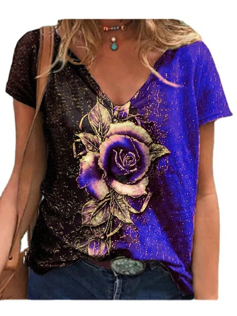 

2021 Summer Women's Casual Tops V-Neck Multi Color Rose Print Tees Short Sleeve Loose Tshirt