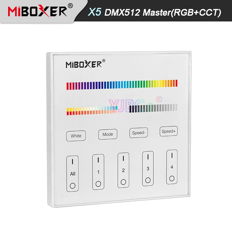 

Miboxer X5 DMX512 Master RGB+CCT Touch Panel AC100~240V 4-Zone DMX512 + 2.4G Wireless Tempered Glass Wall Switch Remote Control