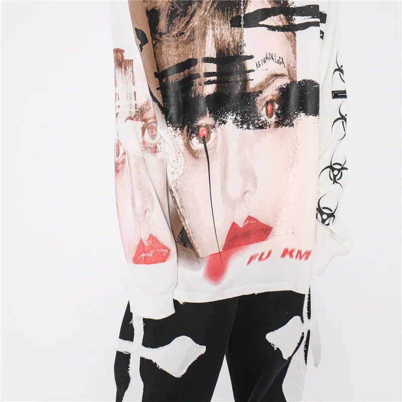 

GTDOM Men Long Sleeve Hip Hop Street Style Casual Dark System Portrait Print T-Shirt 2021 Spring New O-Neck Hatless Pullover