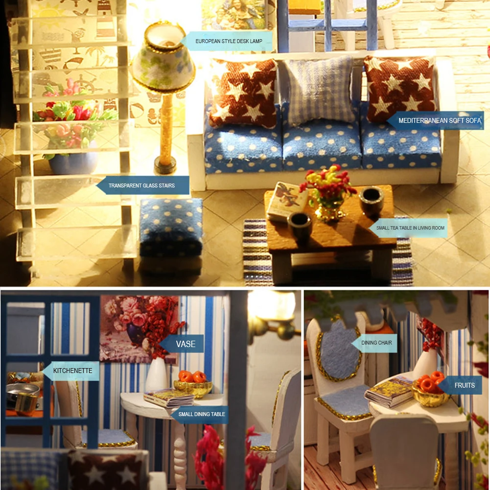 

3D DIY Dollhouse Hut Toys Lighting Seaview Doll House Villa Model Kids Adults Assembly Toys for Children Brithday Gifts