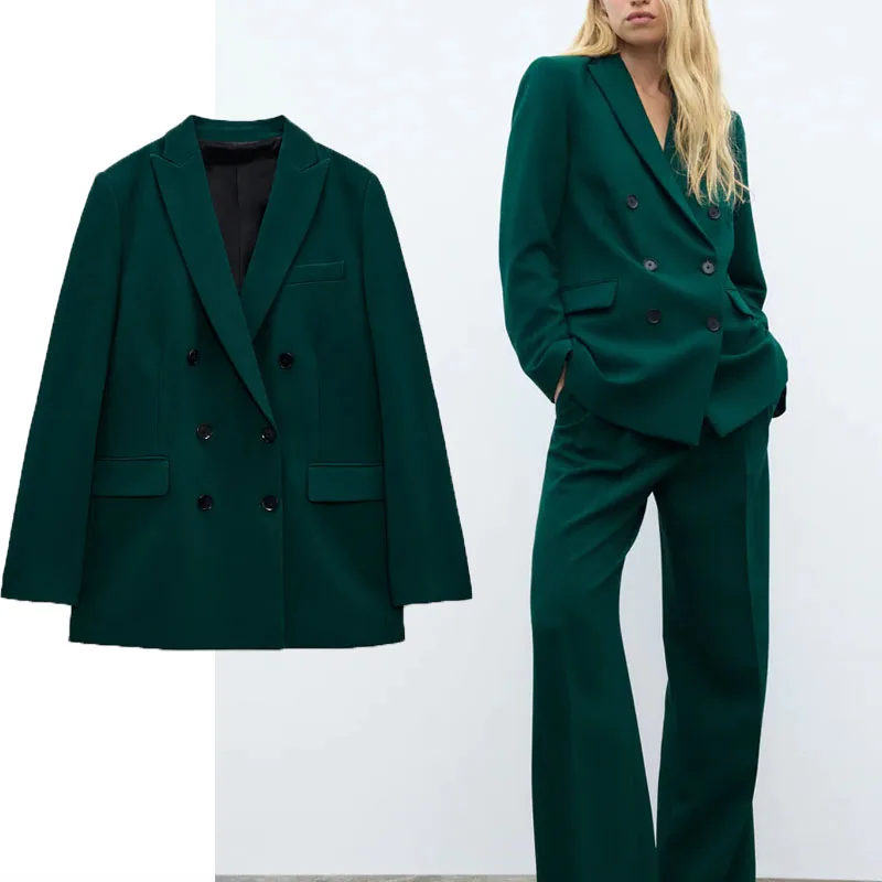 

Za 2021 Double Breasted Green Blazer Women Long Sleeve Shoulder Pads Vintage Fitted Blazers Outerwear Female Autumn Coat
